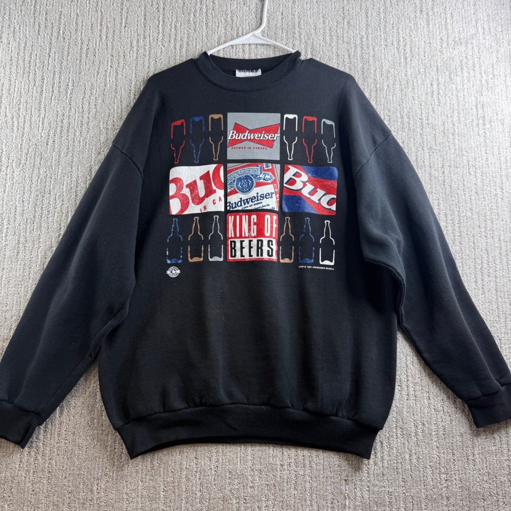 Vintage Budweiser King of Beers 1997 Sweatshirt Mens Size XL Black Graphic
